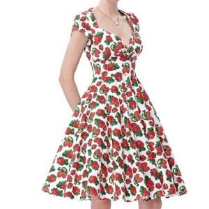 ModCloth Miss Lulo Strawberry Raspberry Dress Size 3x Fit N Flare White Red